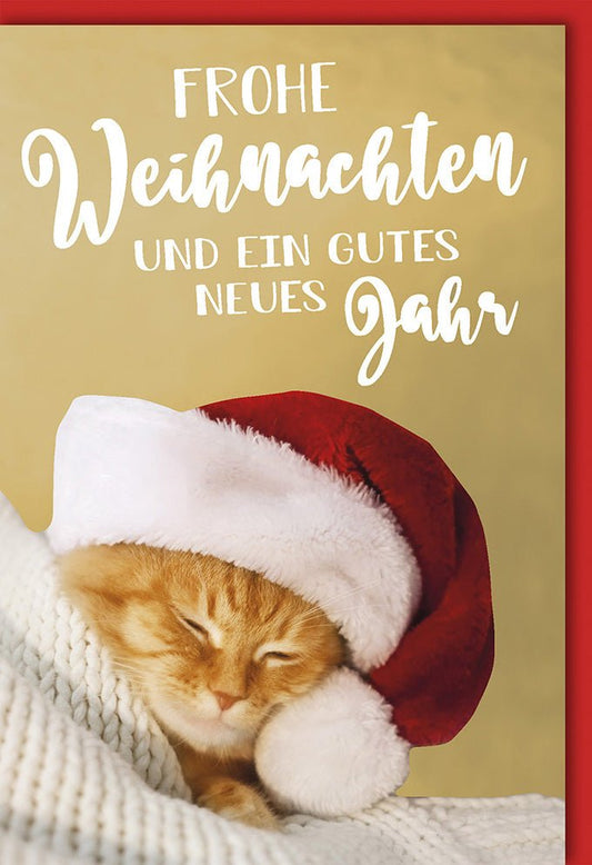 Weihnachtskarte mit schlafender Katze und Weihnachtsmütze Frohe Weihnachten und ein gutes neues Jahr liebevolle Grußkarte für die Festtage