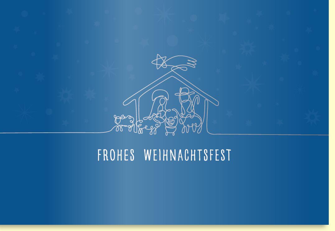 Weihnachtskarte mit stilvollem Krippenspiel unter funkelndem Sternenhimmel