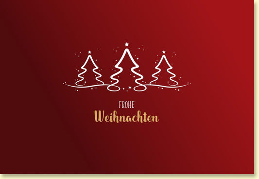 Weihnachtskarte mit stilvollen Tannenbäumen und festlichem Goldschriftzug