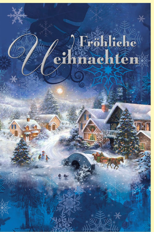 Weihnachtskarte mit winterlichem Dorfmotiv und Pferdeschlitten Fröhliche Weihnachten Grußkarte für festliche Grüße und besinnliche Weihnachtswünsche