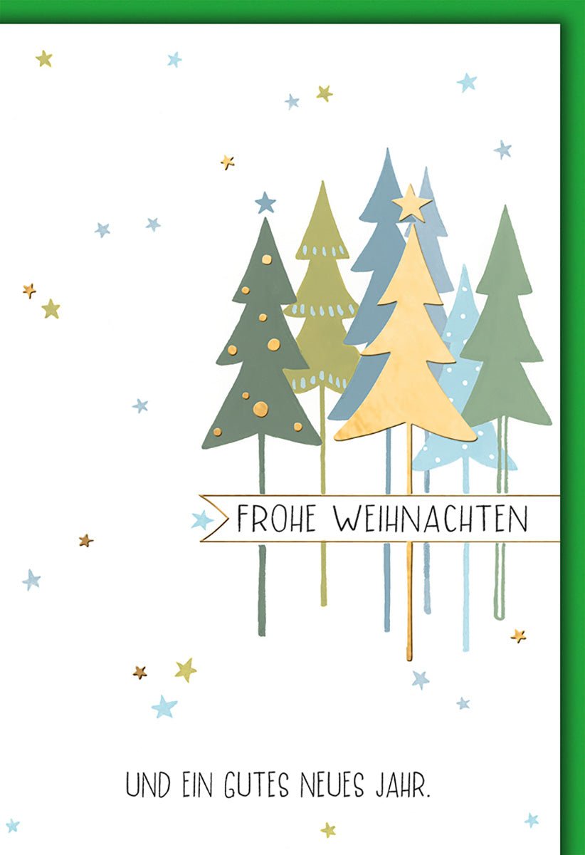 Weihnachtskarte Modern – Bunte Tannenbäume mit Sternen und minimalistischem Design
