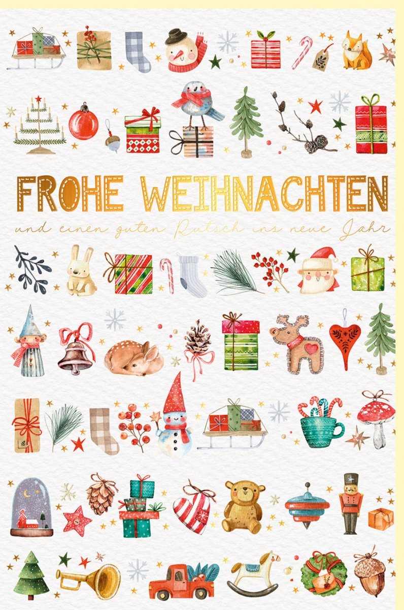 Weihnachtskarte Naturkarton mit Goldschrift, Festtagsgrüße für Familie & Freunde, Besinnliche Motive - Tannenbaum, Schneemann, Rentier & mehr