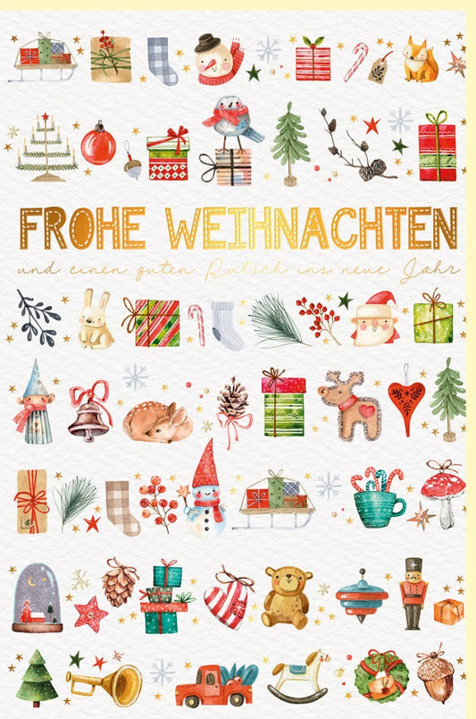Weihnachtskarte Naturkarton mit Goldschrift, Festtagsgrüße für Familie & Freunde, Besinnliche Motive - Tannenbaum, Schneemann, Rentier & mehr