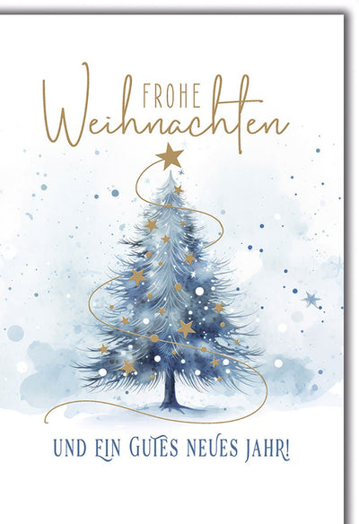 Weihnachtskarte Neujahr – Blauer Aquarellbaum mit goldenen Sternen und Schriftzug
