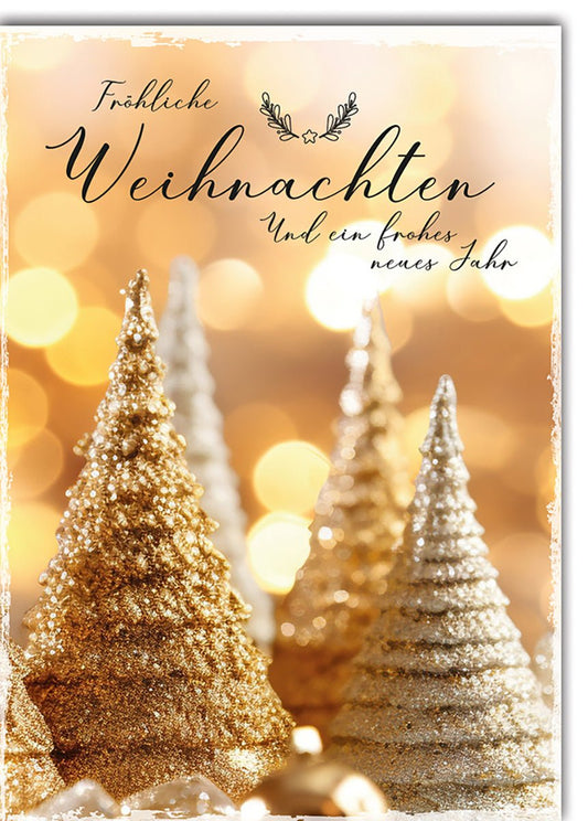 Weihnachtskarte Neujahr – Glitzernde Tannenbäume in Gold und Silber mit Bokeh - Effekt