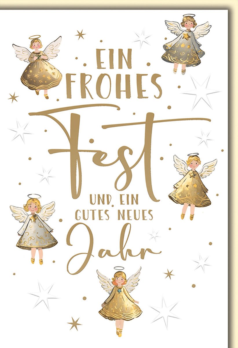 Weihnachtskarte Neujahr – Goldene Engel mit Sternen und festlichem Schriftzug
