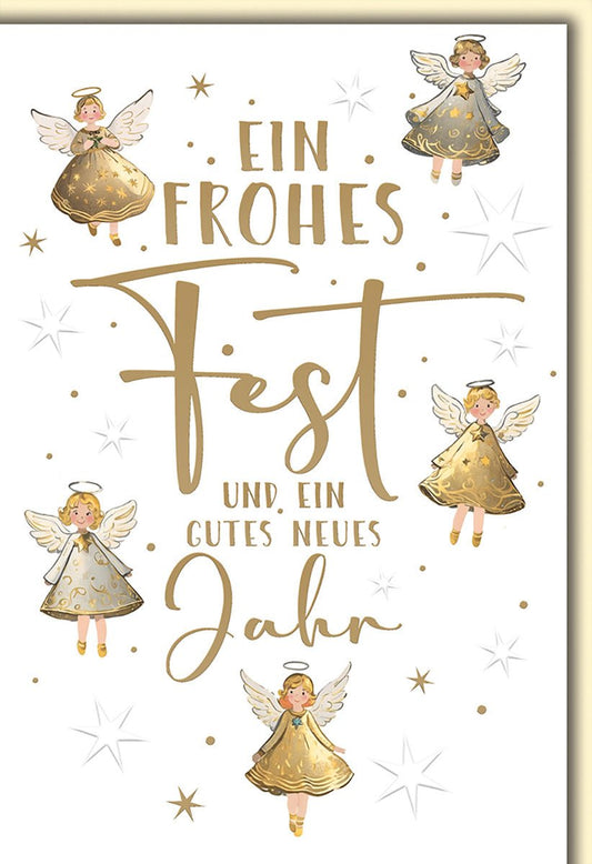 Weihnachtskarte Neujahr – Goldene Engel mit Sternen und festlichem Schriftzug