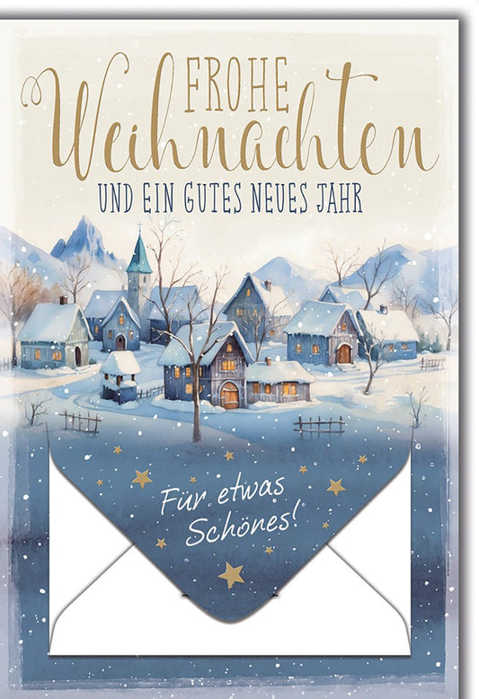Weihnachtskarte Neujahr – Winterdorf mit Schneefall und Sternenverzierung