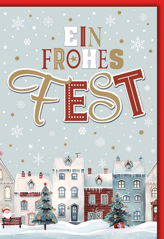 Weihnachtskarte Nostalgisch – Winterliches Dorf mit Schneeflocken und Goldakzenten