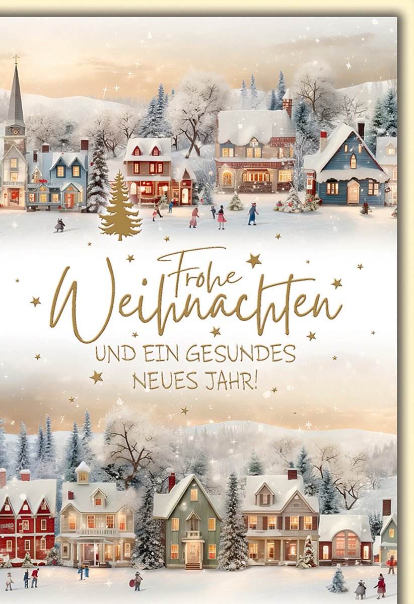 Weihnachtskarte Nostalgisch – Winterliches Dorf mit Schneelandschaft und Sternenhimmel