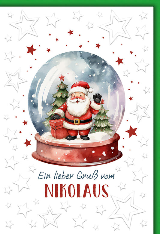 Weihnachtskarte Traditionell – Schneekugel mit Nikolaus und Tannenbäumen in Aquarell