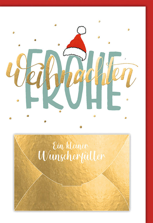 Weihnachtskarte Traditionell – Frohe Weihnachten mit Goldakzenten und roter Mütze