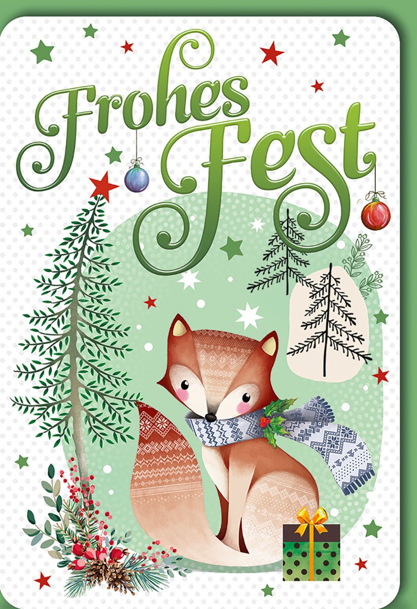 Weihnachtskarte Tiere – Fuchs mit Schal und Tannenbäumen in festlichem Design