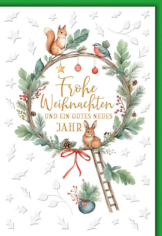 Weihnachtskarte Tiere – Kranz mit Eichhörnchen und Leiter in Aquarell - Optik