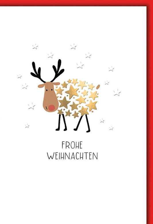 Weihnachtskarte Tiere – Rentier mit goldenen Sternen und minimalistischem Design