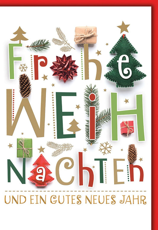 Weihnachtskarte Traditionell – Bunte Buchstaben mit Tannenzapfen und Geschenken