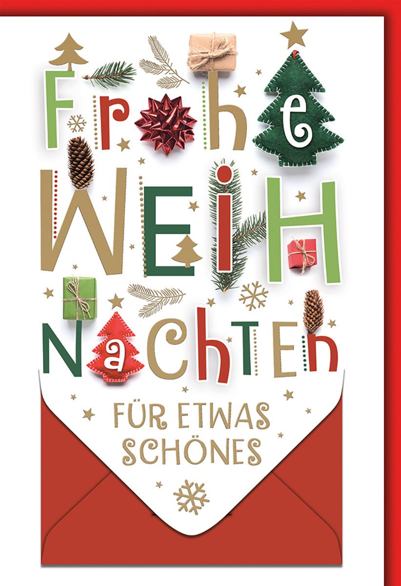 Weihnachtskarte Traditionell – Bunte Buchstaben mit Tannenzweigen und Geschenkdetails