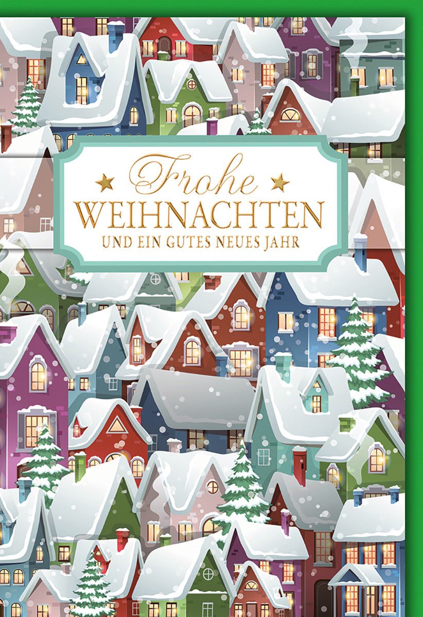 Weihnachtskarte Traditionell – Bunte Winterhäuser mit Schneefall und festlichem Gruß