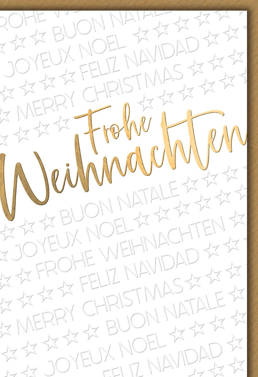 Weihnachtskarte Traditionell – Frohe Weihnachten in Gold auf mehrsprachigem Hintergrund