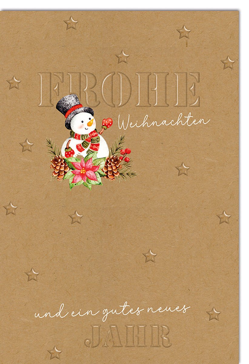 Weihnachtskarte Traditionell – Schneemann mit Zapfen auf Kraftpapier und Sternenprägung