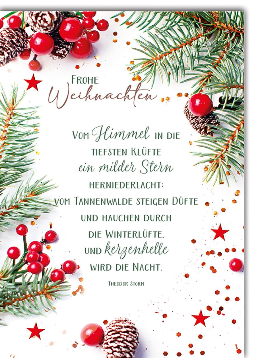 Weihnachtskarte Traditionell – Tannenzweige mit Gedicht und roten Beeren in festlichem Design