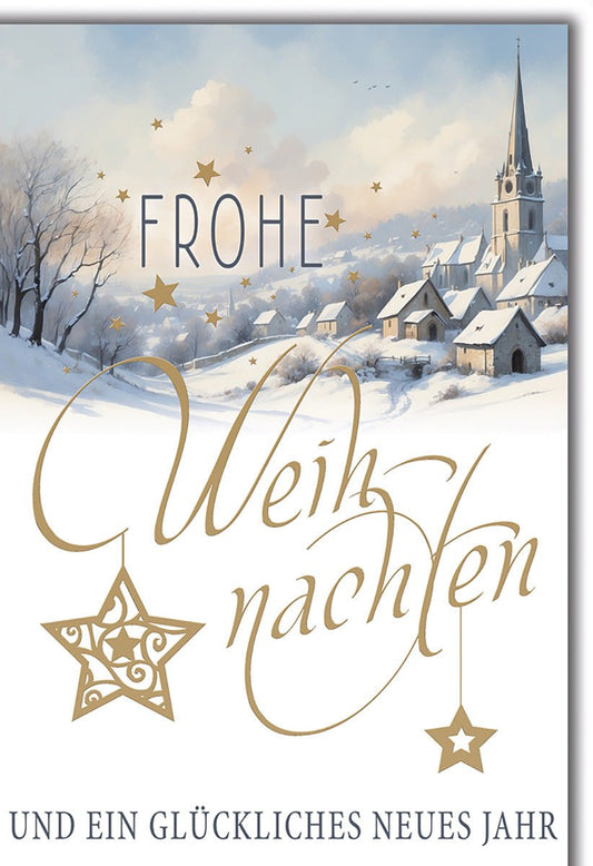 Weihnachtskarte Traditionell – Winterdorf mit Kirche und goldenen Sternen im Schnee