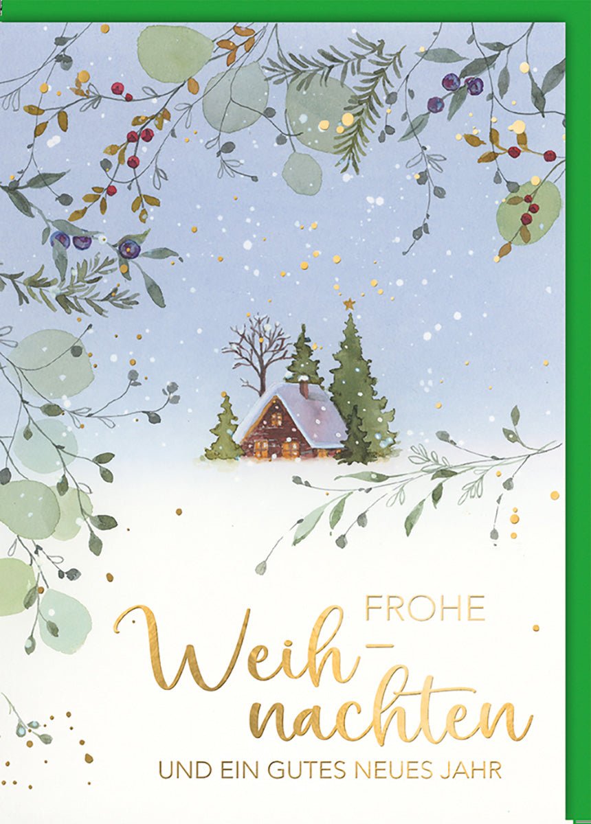 Weihnachtskarte Traditionell – Winterhütte im Wald mit Goldakzenten und Schneefall