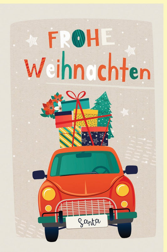 Weihnachtskarte Vintage Auto & Tannenbaum - Festliche Grüße auf Naturkarton Beige Rot Grün, Winterliches Motiv für Familie & Freunde