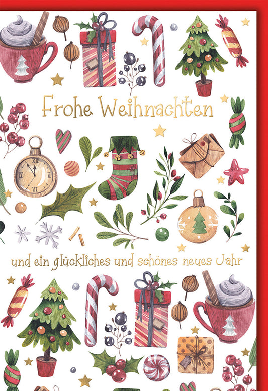 Weihnachtskarte Nostalgisch – Bunte Weihnachtsmotive mit Uhr und Zuckerstange im Vintage-Stil
