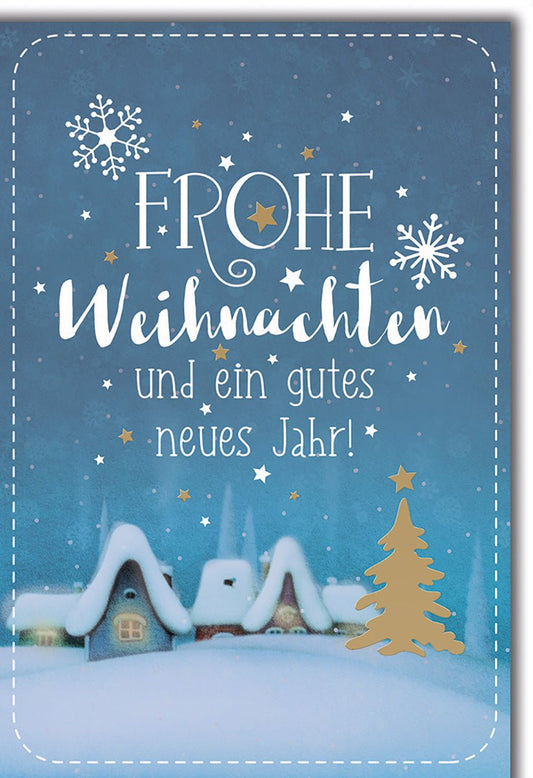 Weihnachtskarte Winterlandschaft – Schneebedeckte Häuser mit Goldsternen und Tannenbaum