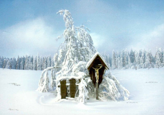 Weihnachtspostkarte: Christusfigur am verschneiten Feldweg im Winterwunderland