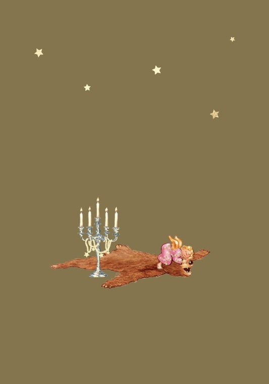 Weihnachtspostkarte: Eleganter Engel in Goldfolie, Bärenfell & Kerzen - Festlicher Braun - Gold Glanz