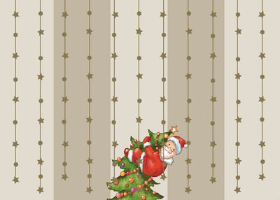 Weihnachtspostkarte: Eleganter Weihnachtsmann mit Goldfolie am Tannenbaum