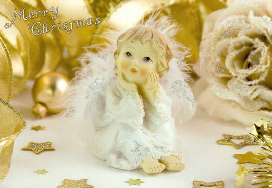 Weihnachtspostkarte Engel mit Glitzersternen und Goldschleife – Festliche Grüße und Dekoration für besinnliche Feiertage