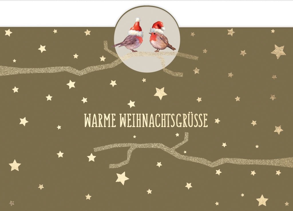 Weihnachtspostkarte: Festliche Rotkehlchen mit Goldfolie und Mützchen für besinnliche Grüße