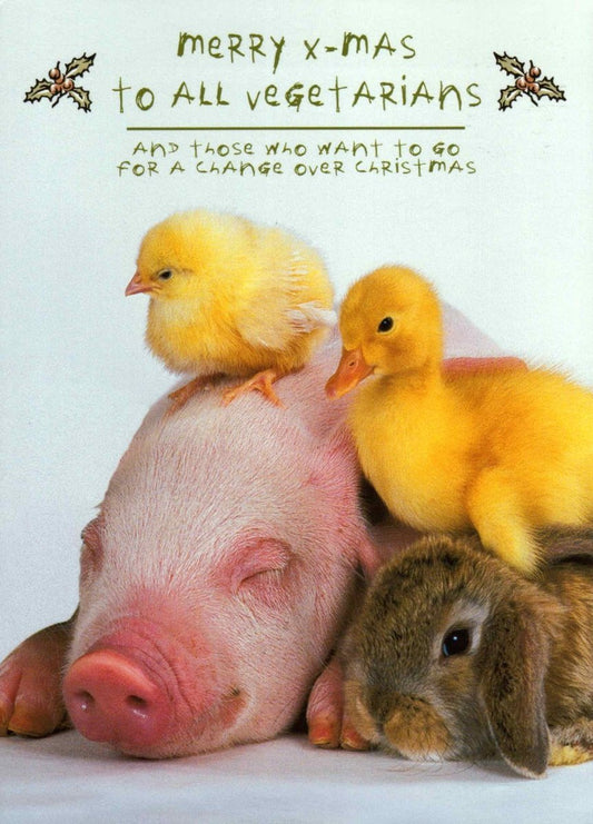 Weihnachtspostkarte: Friedliche Botschaft mit Küken, Schwein & Hase in Grün/Gelb - Liebevolle Festtagsgrüße voller Harmonie