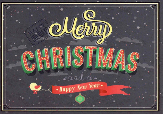 Weihnachtspostkarte: Fröhliche Weihnachten und ein glückliches neues Jahr mit Vogelmotiv