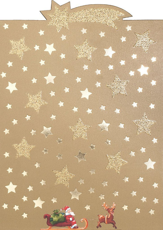 Weihnachtspostkarte: Glänzender Komet, Rentierschlitten & Sternenhimmel in festlichem Gold, Rot und Grün