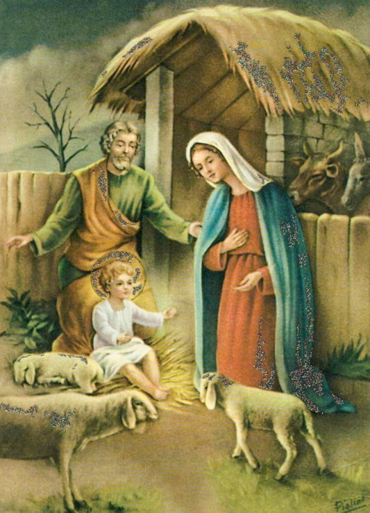 Weihnachtspostkarte Heilige Familie in der Krippe – Besinnliche Grüße zur Weihnachtszeit