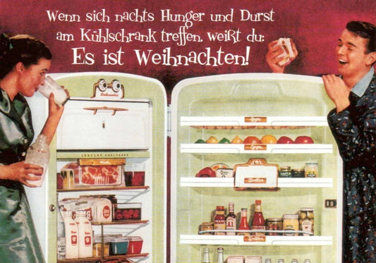 Weihnachtspostkarte - Humorvolle Retro - Grußkarte mit Vintage Kühlschrank - Motiv für Familie und Freunde