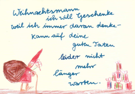 Weihnachtspostkarte: Humorvolle Wunschliste mit Weihnachtsmann & Geschenken in Rot - Blau für Kinder