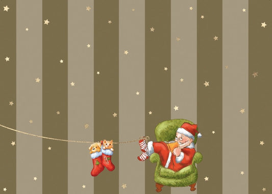 Weihnachtspostkarte: Hund und Katze kuscheln in festlicher Socke