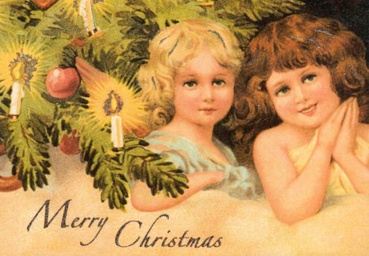 Weihnachtspostkarte im Vintage - Stil - Engel, Kerzen & Tannenzweige für festliche Retro - Grüße