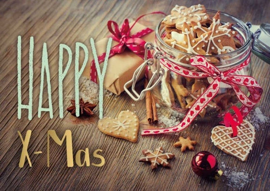 Weihnachtspostkarte: Lebkuchen & Plätzchen im Glas, festliche Schleife und Tannenzweig, Frohe Festtage Grüße