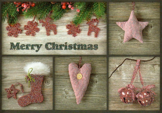 Weihnachtspostkarte mit 5 Fotos und festlichen Symbolen: Frohe Weihnachten Grüße