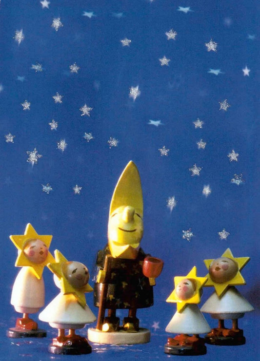 Weihnachtspostkarte mit fünf charmanten Holzfiguren: Festliche Grüße senden