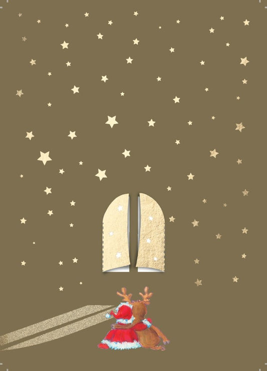 Weihnachtspostkarte mit Goldfolie - Ausklappbares Fensterdesign Engel & Rentier
