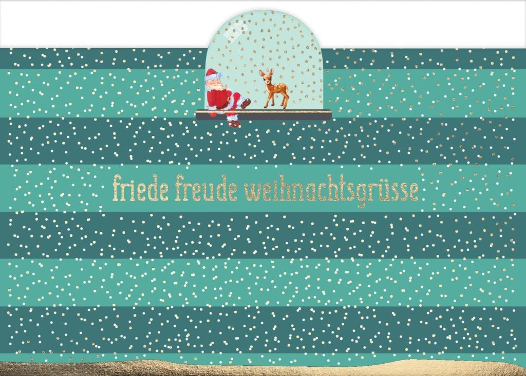 Weihnachtspostkarte mit Goldfolie: Schneekugel - Motiv mit Weihnachtsmann und Baum