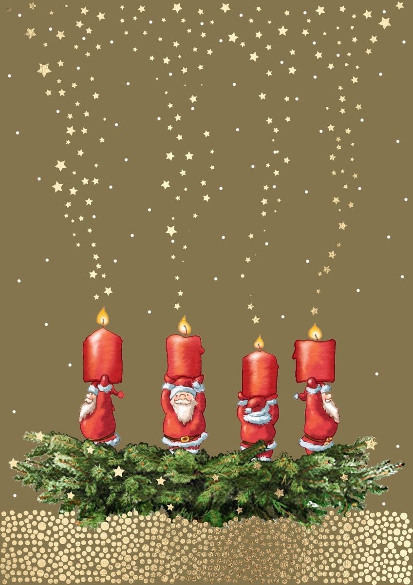Weihnachtspostkarte mit Goldfolien - Kranz und festlichen Weihnachtsmannkerzen