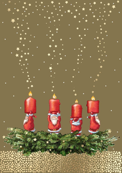 Weihnachtspostkarte mit Goldfolien-Kranz und festlichen Weihnachtsmannkerzen